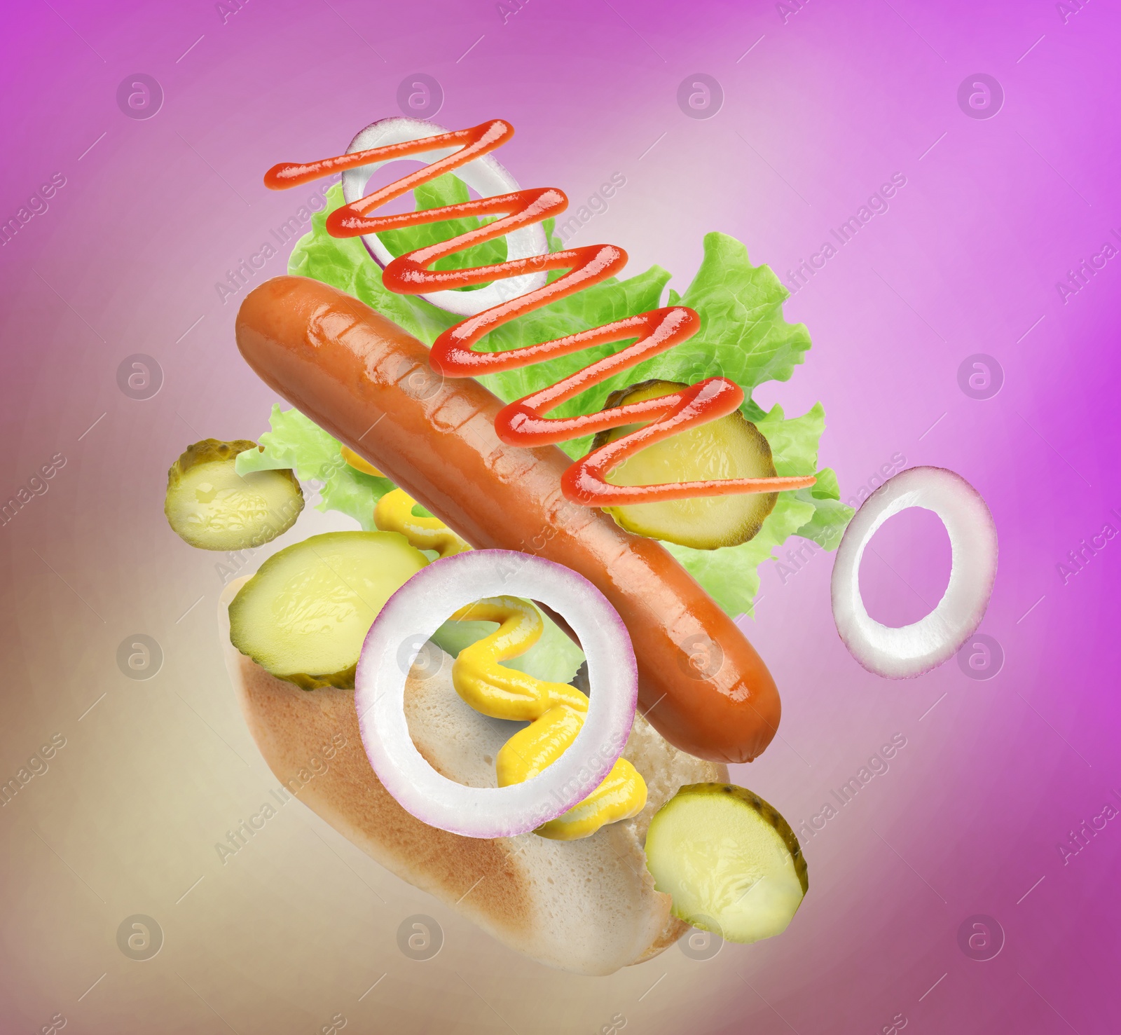 Image of Hot dog ingredients in air on color gradient background