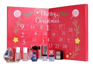 Photo of Christmas advent calendar with different cosmetics and perfumes isolated on white