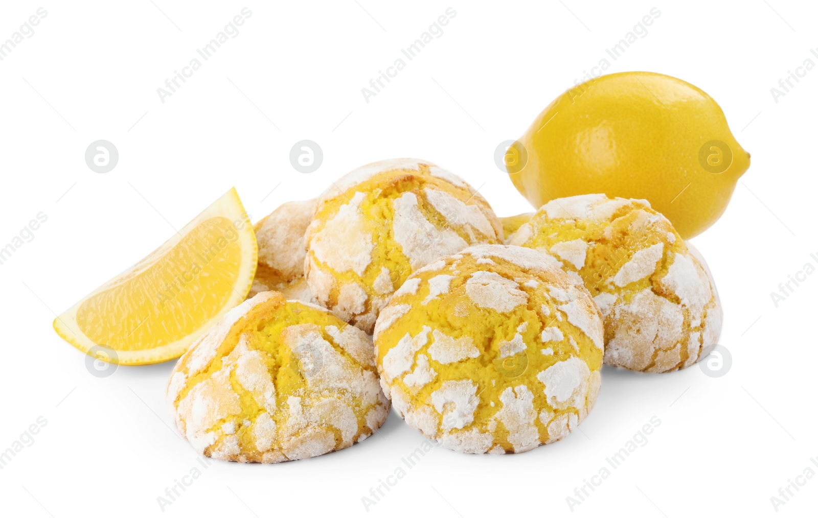 Photo of Tasty homemade lemon cookies and fresh fruits on white background