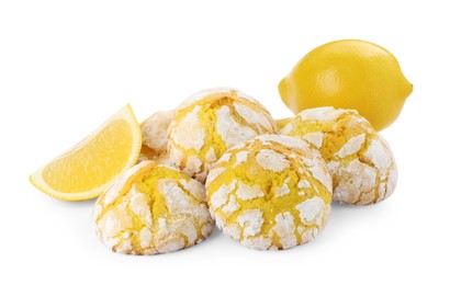 Photo of Tasty homemade lemon cookies and fresh fruits on white background