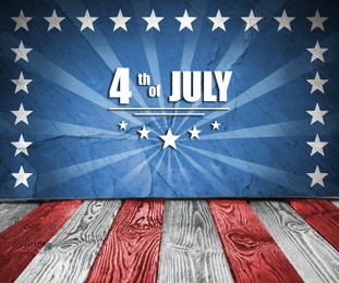 4th of July - Independence Day of USA. Red and white striped wooden surface on blue background with stars 