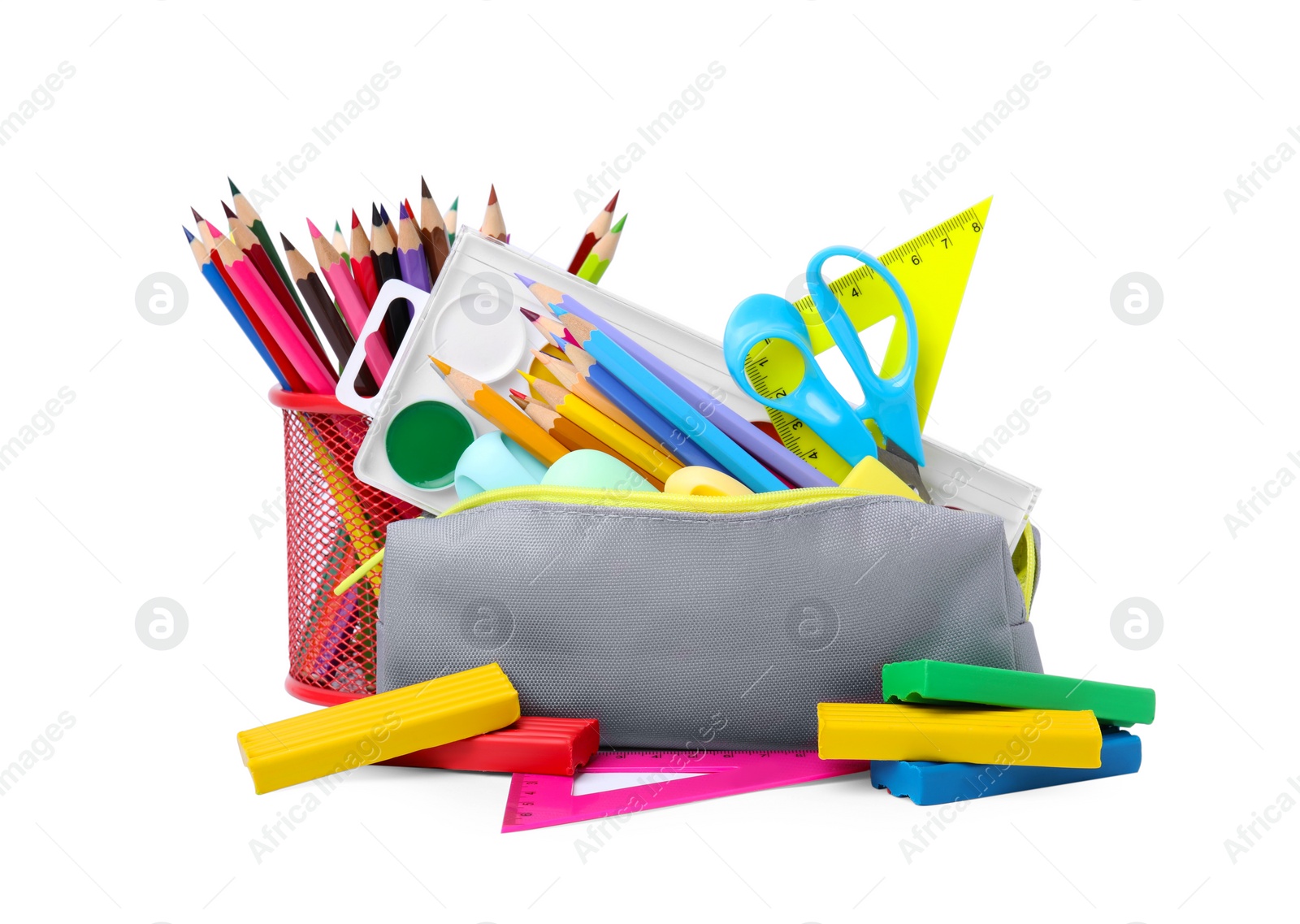 Photo of Many different school stationery isolated on white