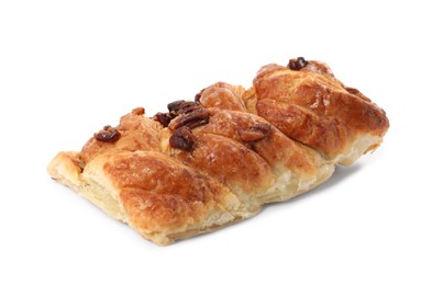 Photo of Tasty sweet bun with raisins isolated on white. Fresh pastry