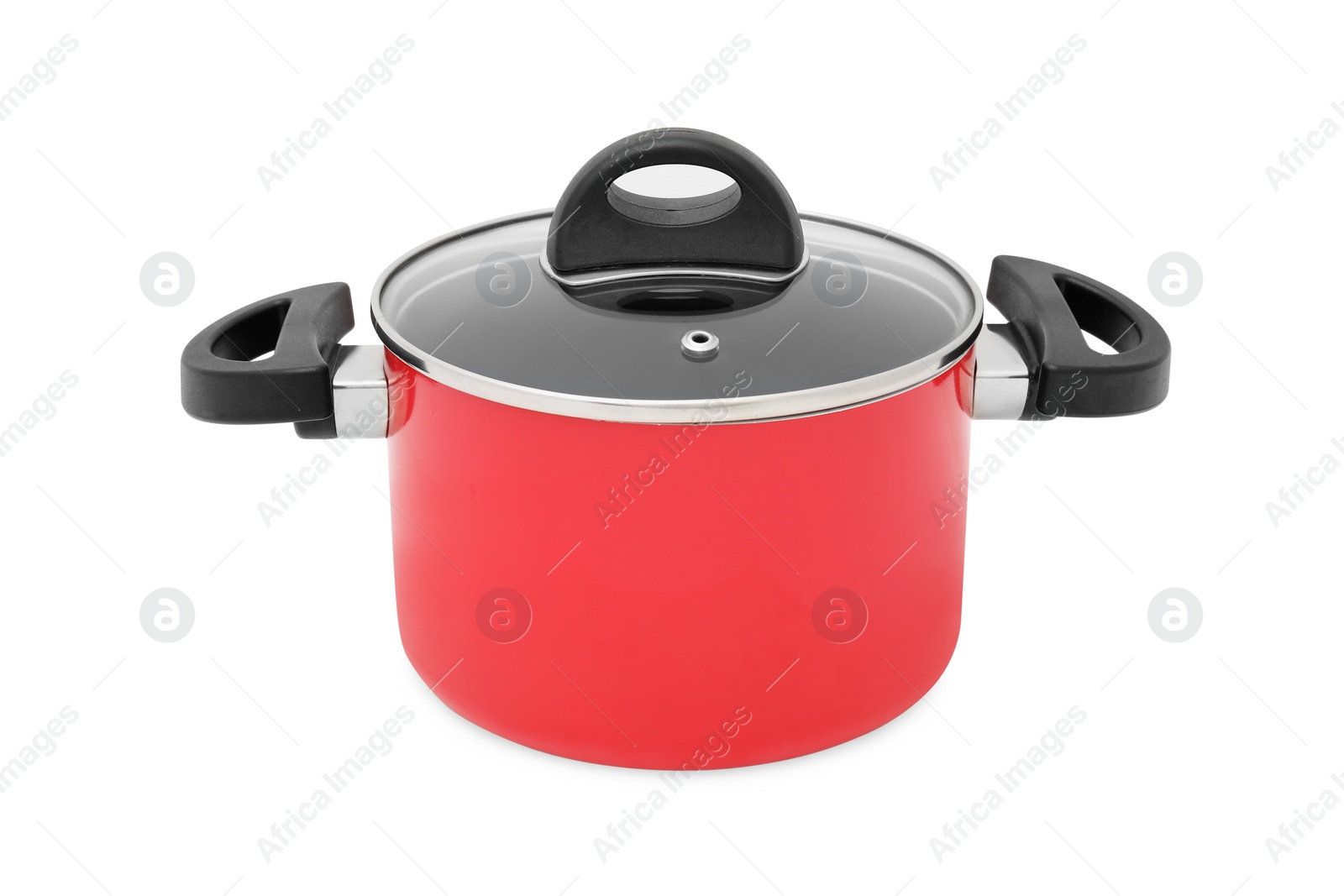 Photo of One red pot with glass lid isolated on white