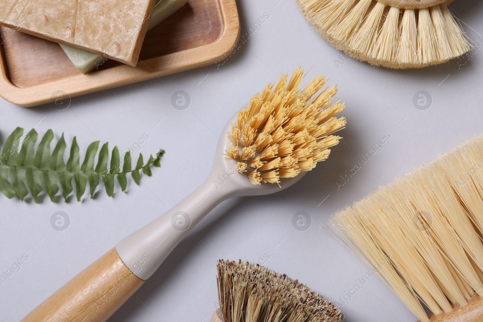 Photo of Cleaning brushes, soap and fern leaf on grey background, flat lay