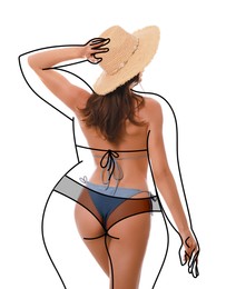 Image of Slim woman after weight loss on white background, back view 