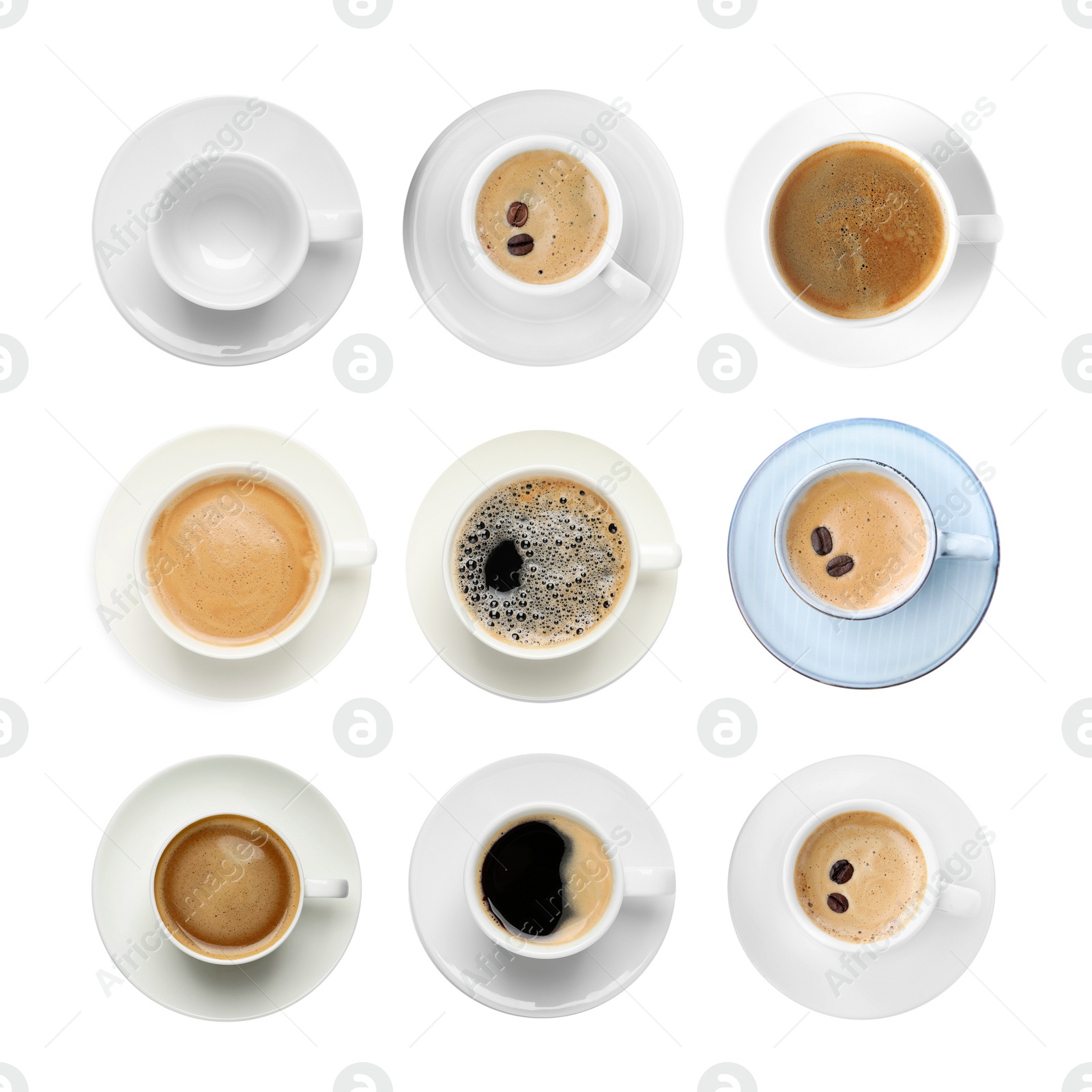 Image of Set of cups with aromatic hot coffee on white background, top view