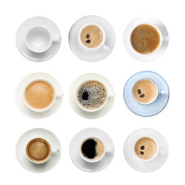 Image of Set of cups with aromatic hot coffee on white background, top view