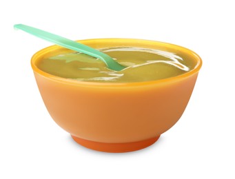 Tasty baby food and spoon in bowl isolated on white