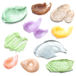 Image of Set with different samples of natural scrubs on white background, top view  
