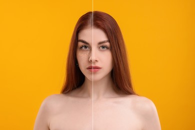 Image of Woman with freckles and clear skin on orange background, collage