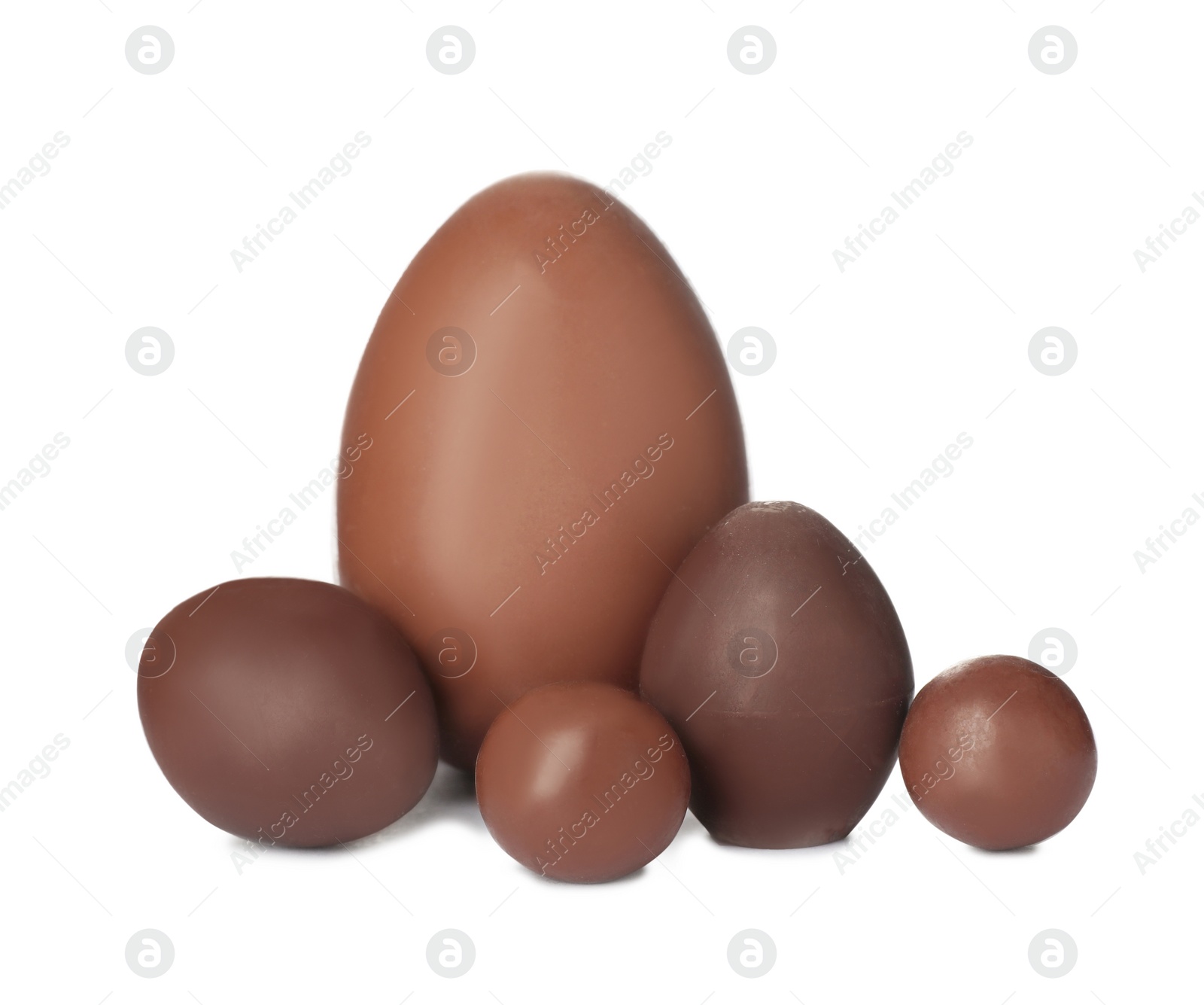 Photo of Tasty chocolate Easter eggs on white background