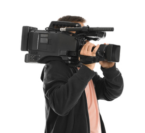 Photo of Operator with professional video camera on white background