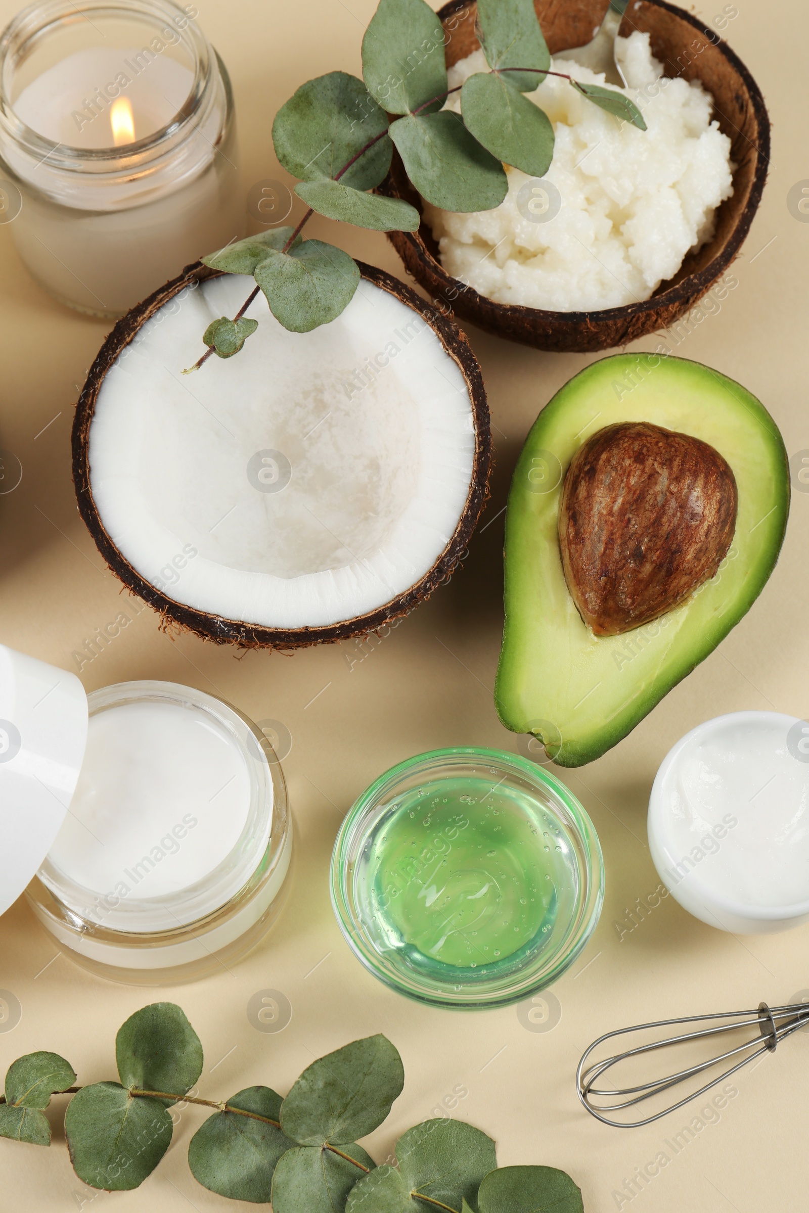 Photo of Flat lay composition with homemade cosmetic products and fresh ingredients on beige background. DIY beauty recipe