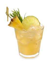 Photo of Glass of tasty pineapple cocktail with lime and rosemary isolated on white