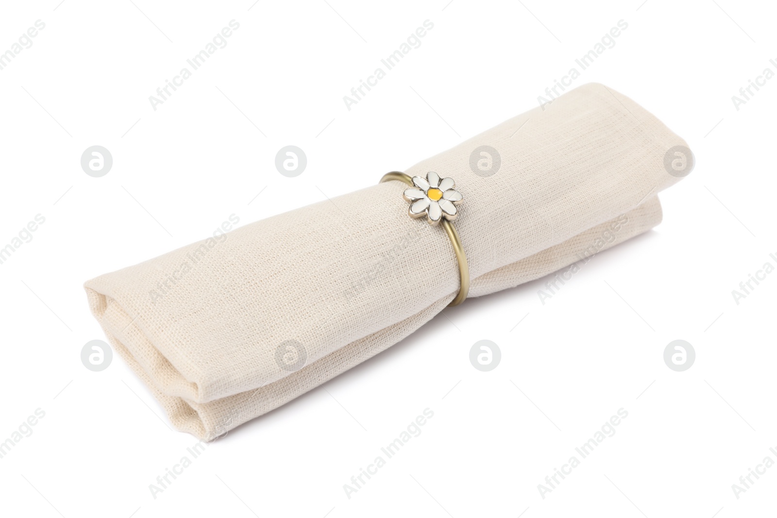 Photo of Beige fabric napkin with decorative ring for table setting on white background