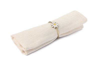 Photo of Beige fabric napkin with decorative ring for table setting on white background
