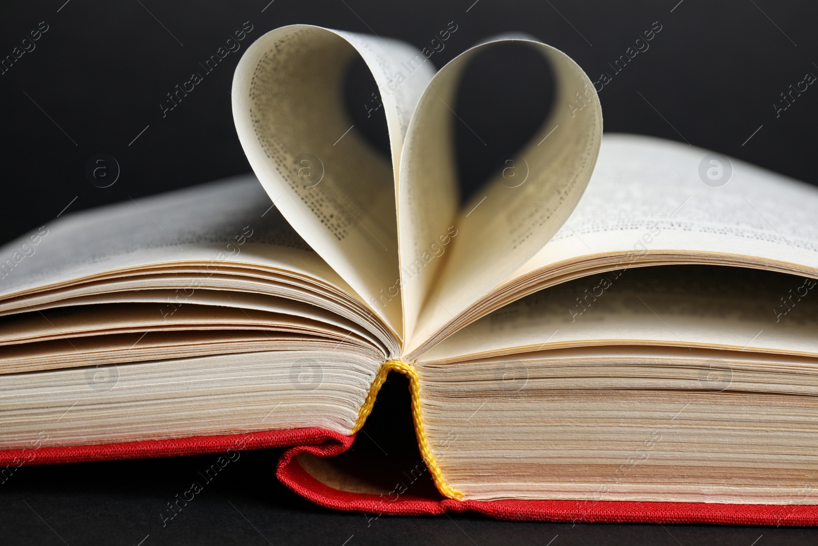 Photo of Closeup view of open book on black background