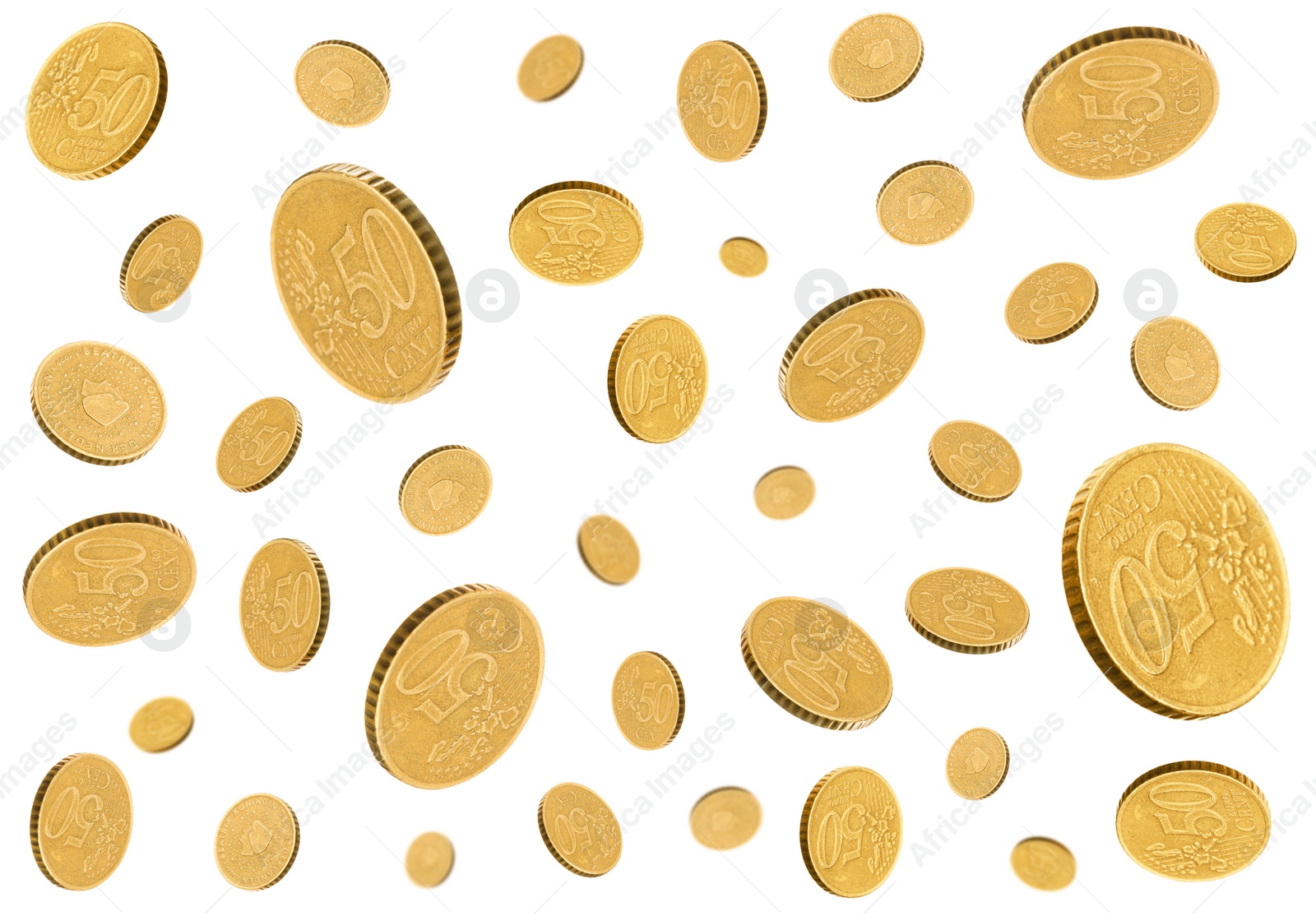 Image of Flying euro cent coins on white background