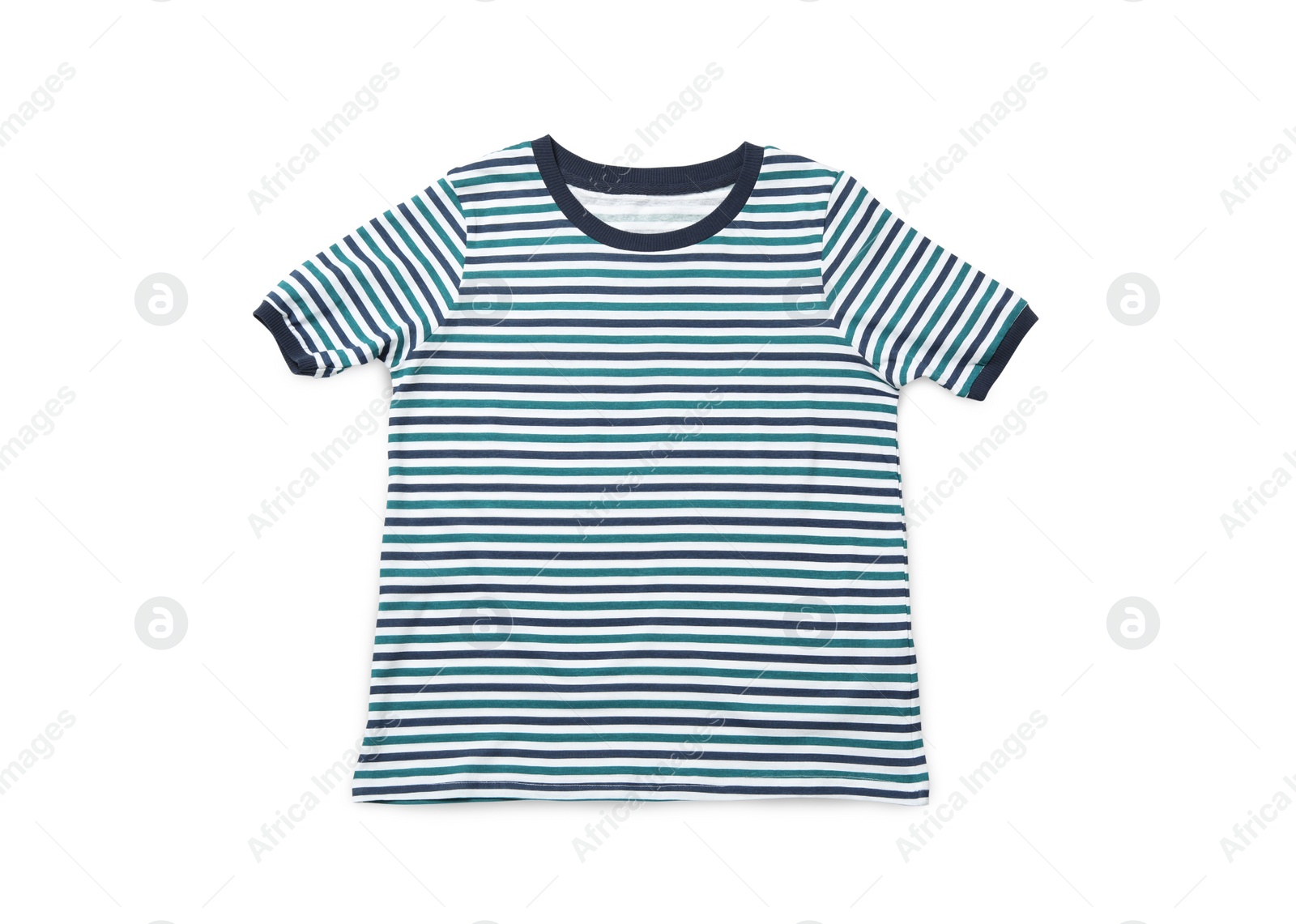 Photo of Modern striped t-shirt isolated on white, top view