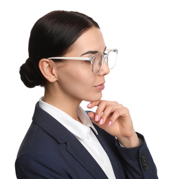 Portrait of young businesswoman on white background