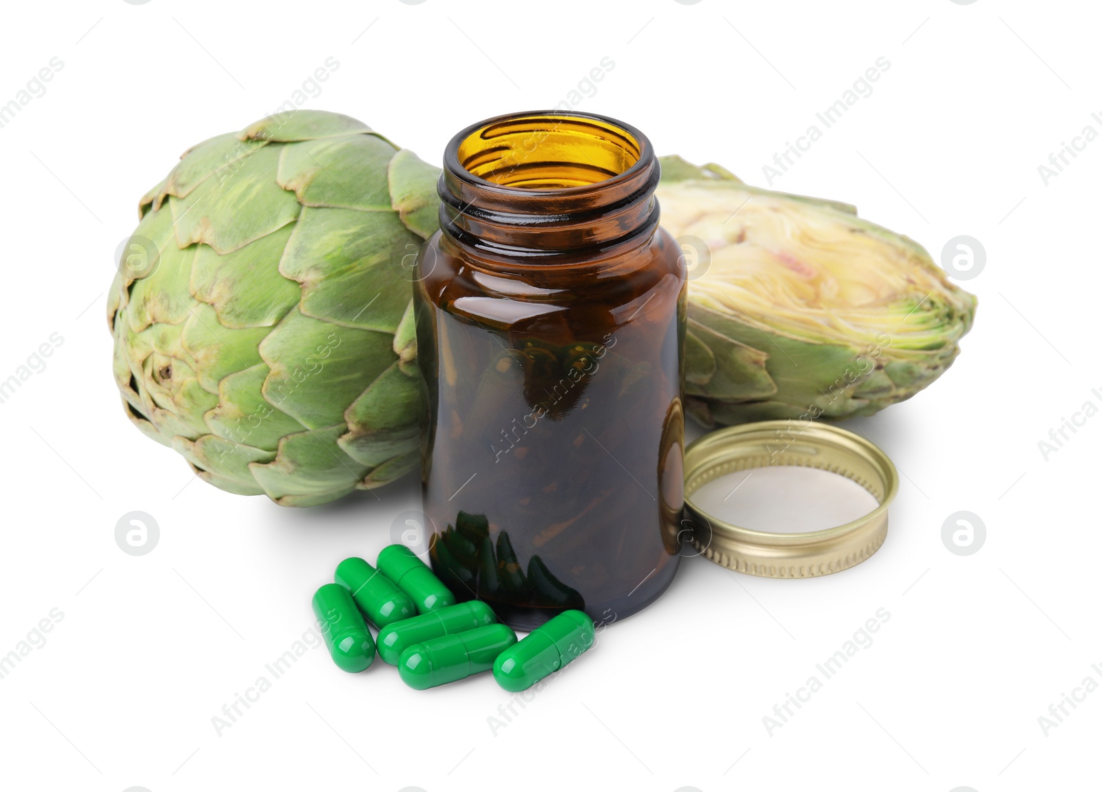 Photo of Fresh artichokes and bottle of pills isolated on white