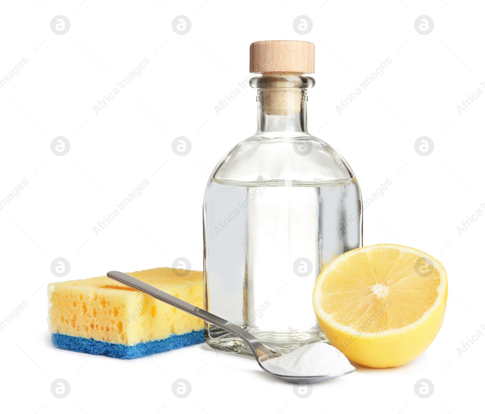 Photo of Composition with vinegar, lemon and baking soda on white background. House cleaning