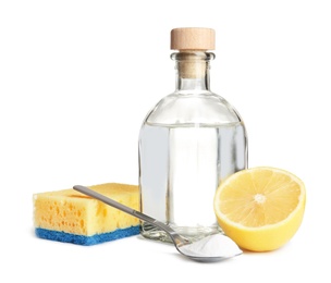 Photo of Composition with vinegar, lemon and baking soda on white background. House cleaning