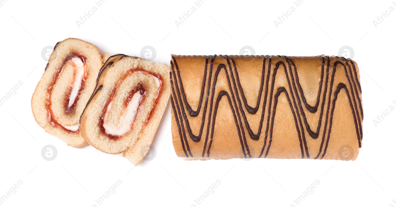 Photo of Tasty cake roll with cream and jam on white background, top view
