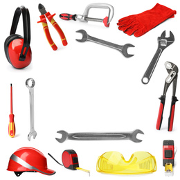 Set with different construction tools on white background