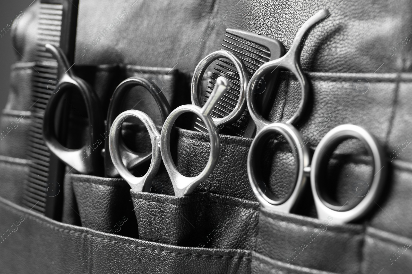 Photo of Hairdresser tools. Professional scissors and combs in leather organizer, closeup