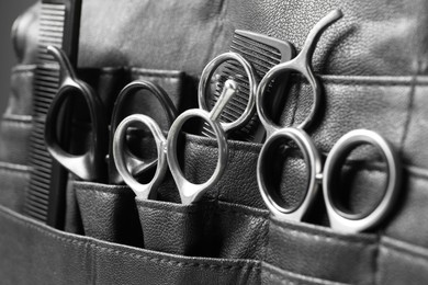 Hairdresser tools. Professional scissors and combs in leather organizer, closeup