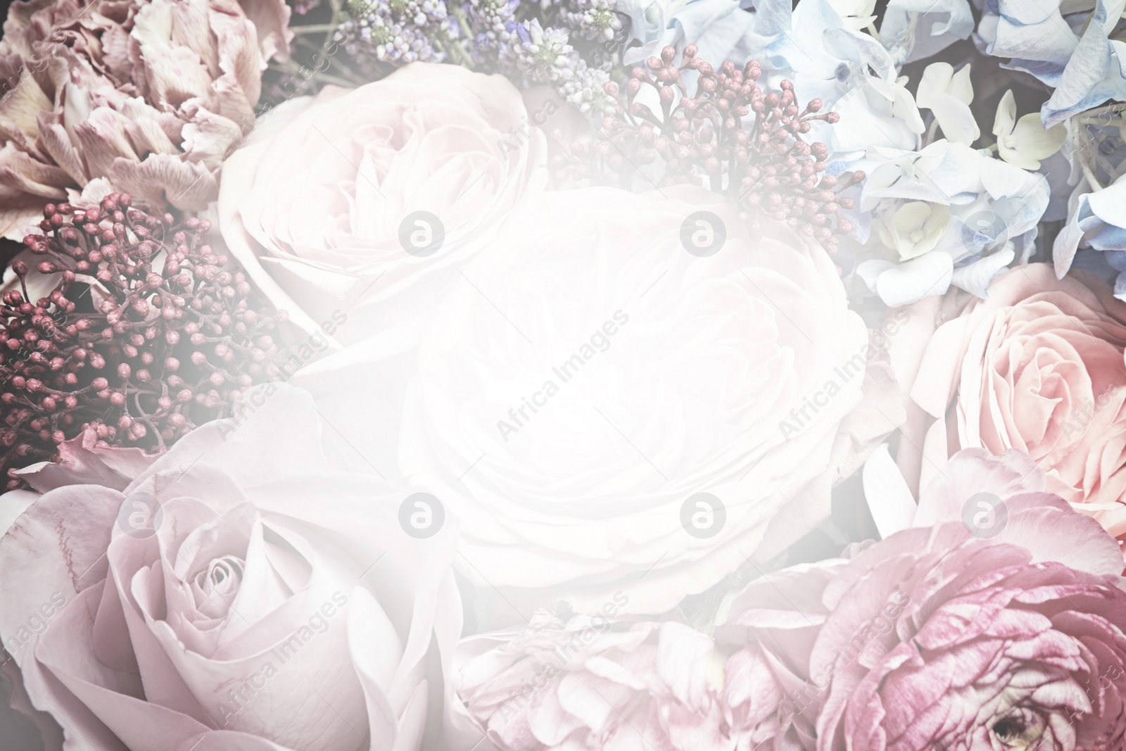 Image of Beautiful delicate bouquet, closeup. Floral decor in vintage style 