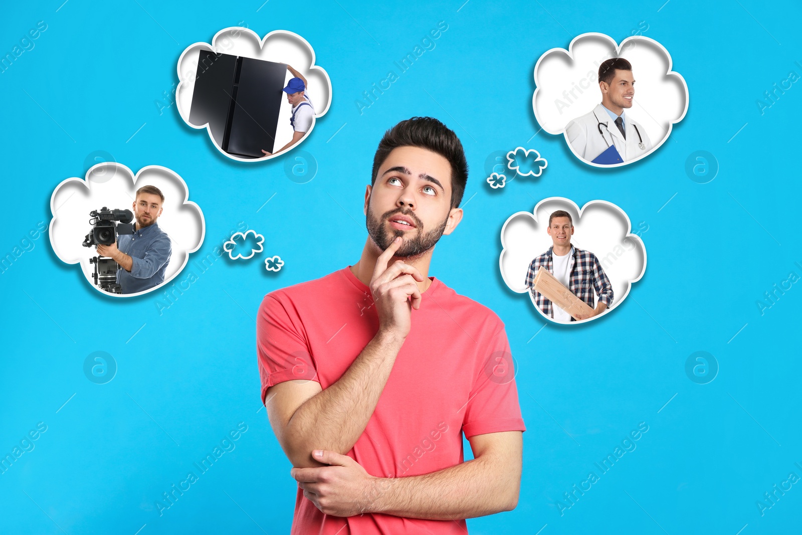 Image of Thoughtful man choosing probable profession on light blue background