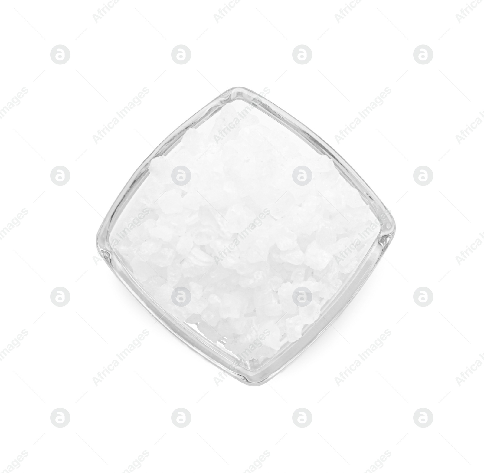 Photo of Bowl of sea salt isolated on white, top view