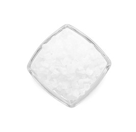 Photo of Bowl of sea salt isolated on white, top view