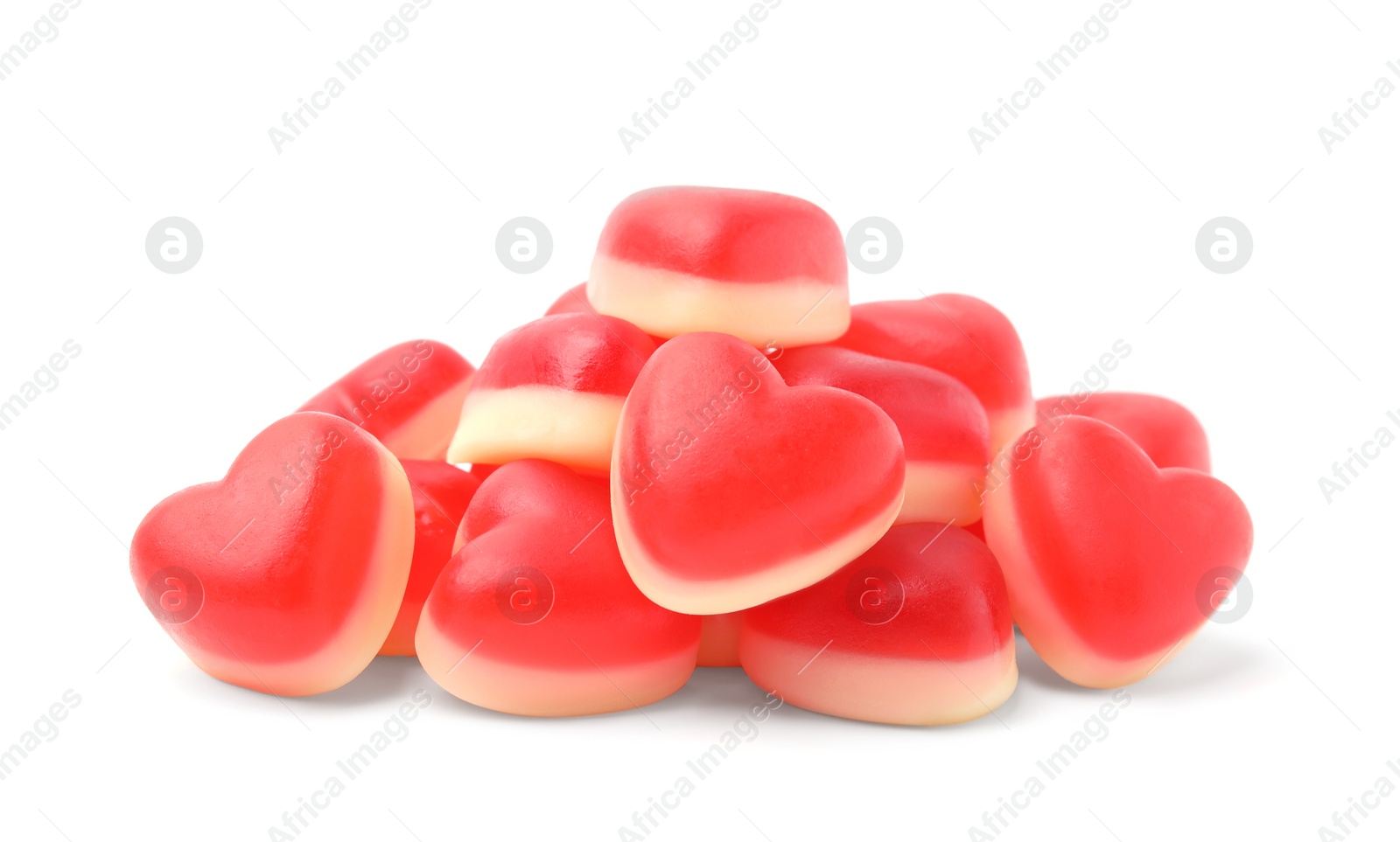 Photo of Pile of heart shaped jelly candies on white background