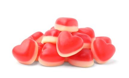 Pile of heart shaped jelly candies on white background