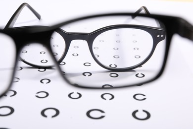 Photo of Vision test chart and different glasses, closeup