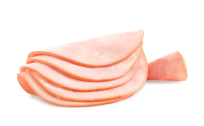 Slices of tasty fresh ham isolated on white