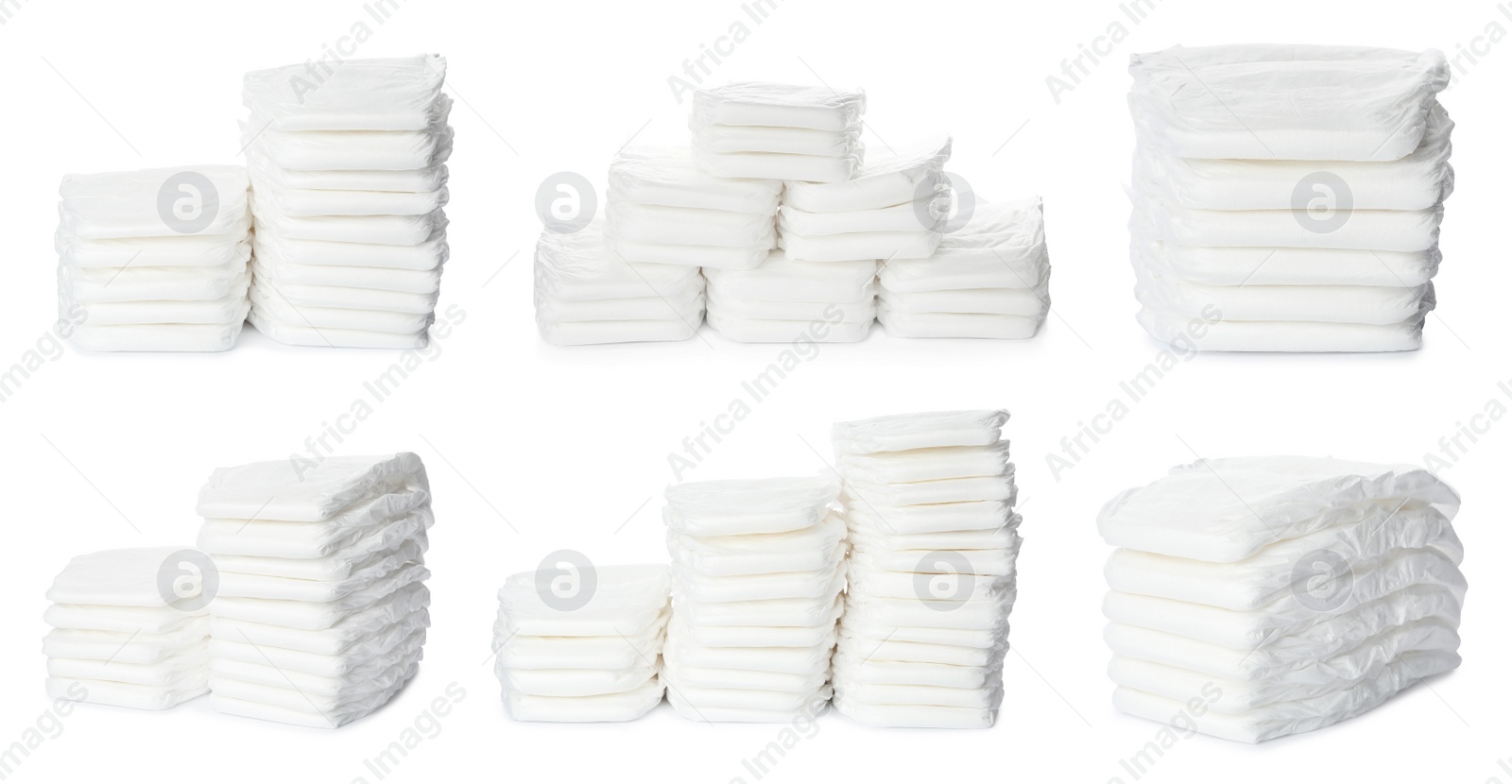 Image of Set of baby diapers on white background