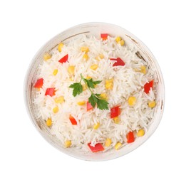 Photo of Delicious rice with vegetables and parsley isolated on white, top view