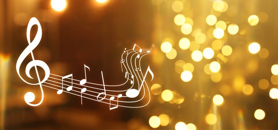 Image of Music notes on blurred background, bokeh effect. Banner design