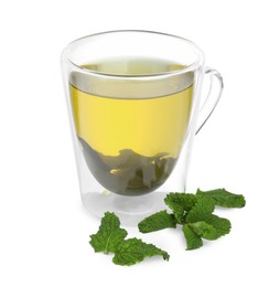 Fresh green tea in glass mug and mint isolated on white