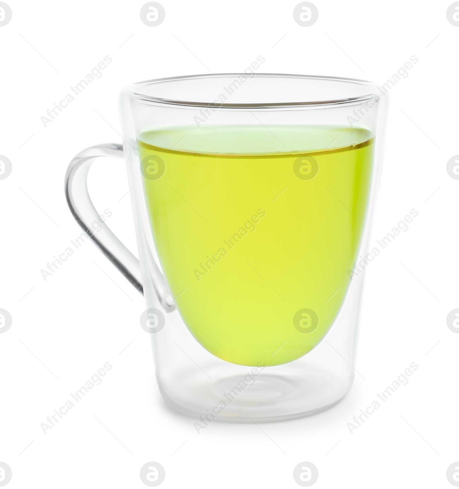 Photo of Fresh green tea in glass mug isolated on white