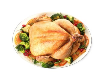 Photo of Roasted chicken with oranges and vegetables isolated on white, top view