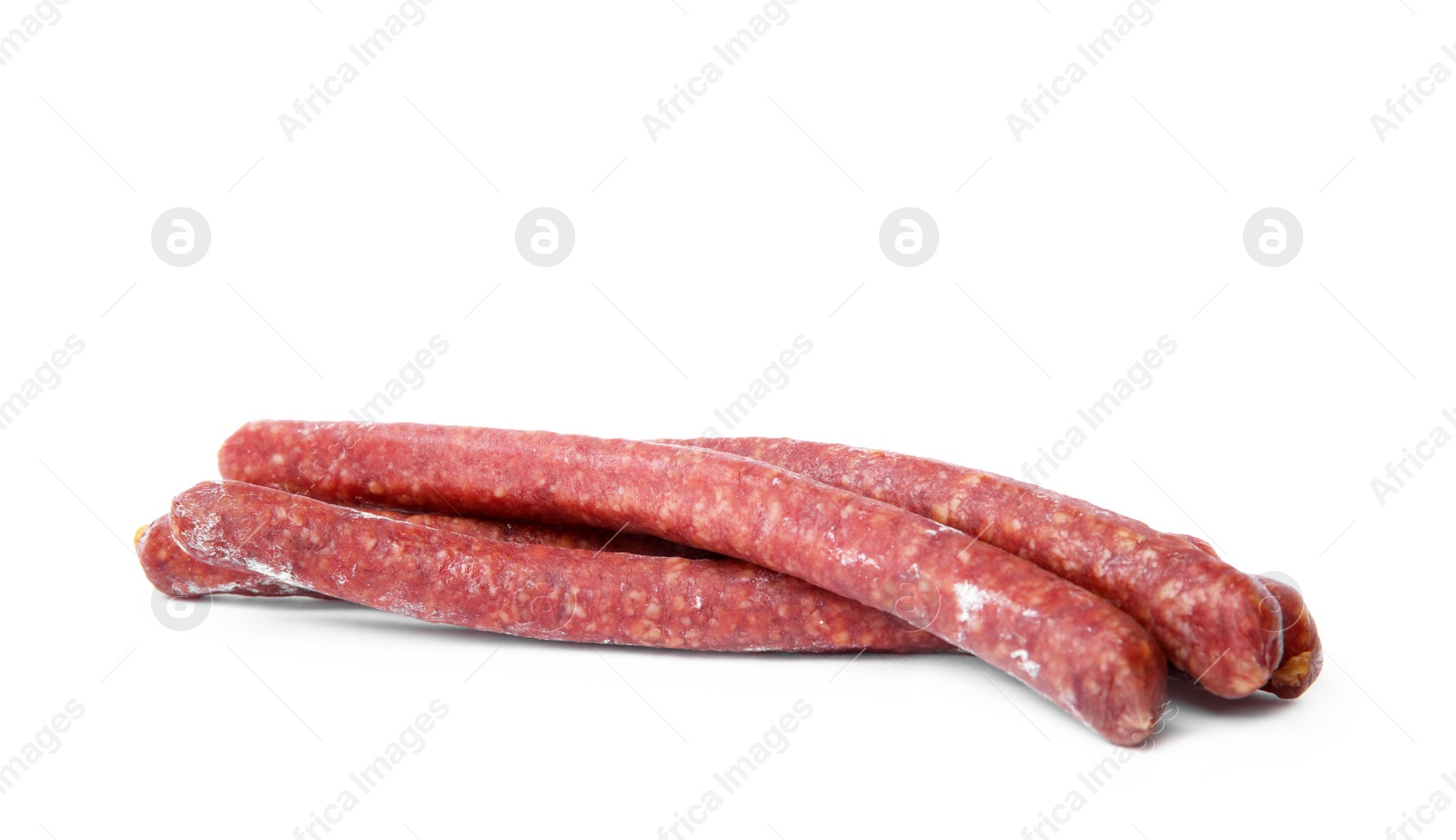 Photo of Tasty sausages on white background. Meat product