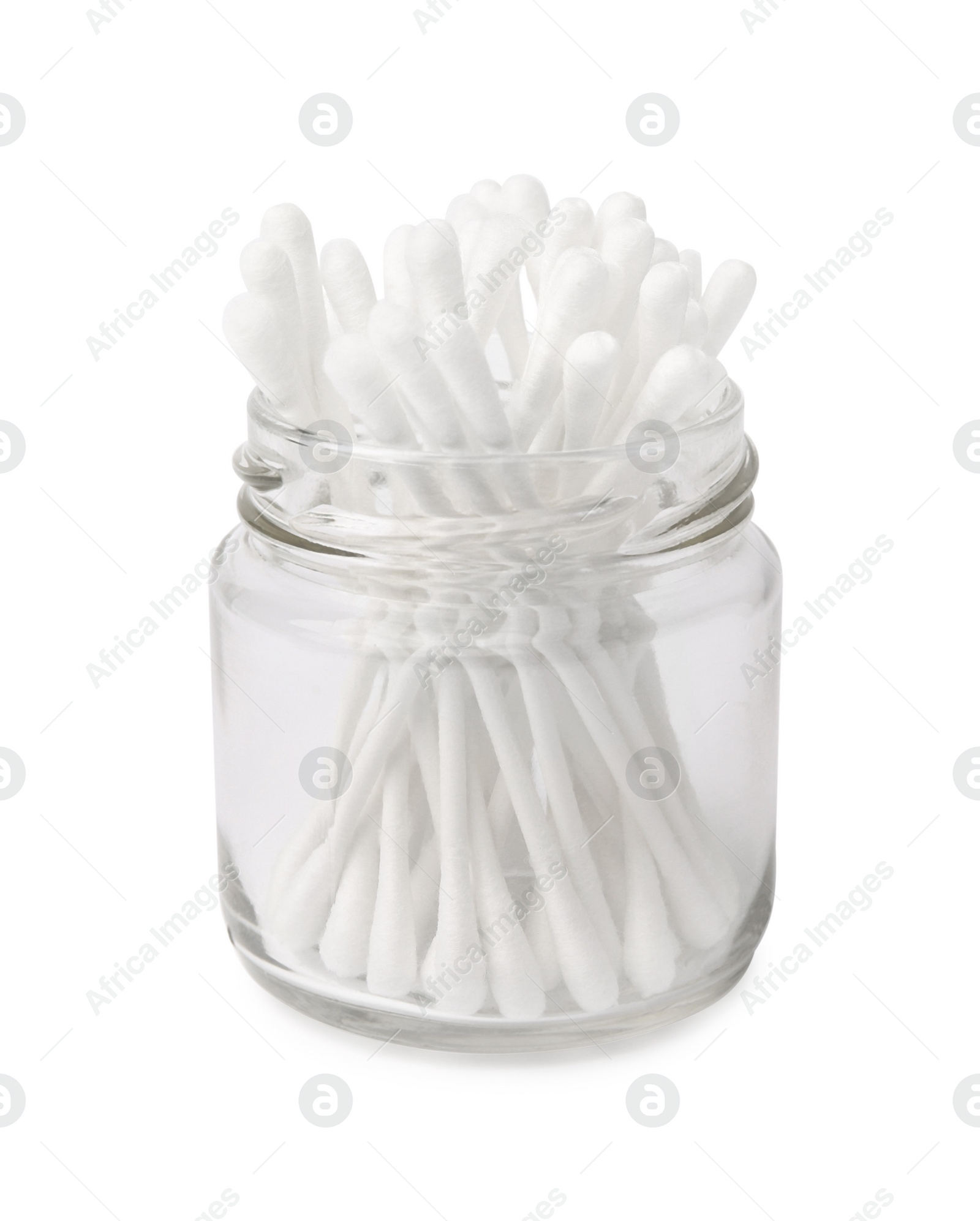 Photo of Glass jar with clean cotton buds isolated on white