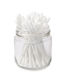 Glass jar with clean cotton buds isolated on white