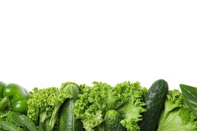 Photo of Fresh ingredients for salad on white background, top view
